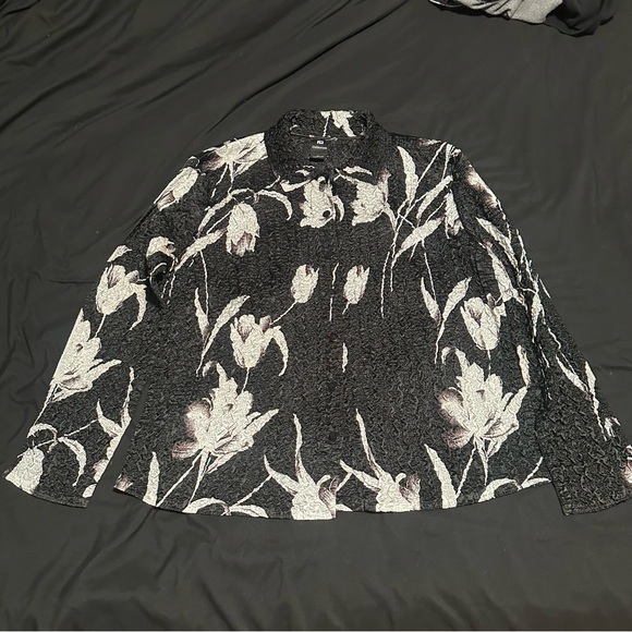 None Tops - Black and White Floral Button Down Shirt